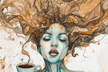 Coffee-Crazed Woman portrait, illustration