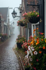 Fototapeta na wymiar a beautiful street in the rain with flowers in the background, 