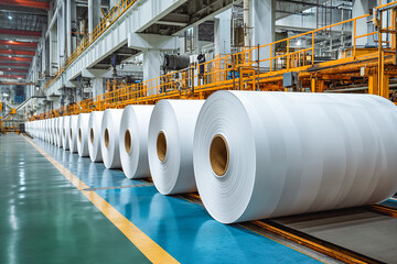 Large rolls of paper at a paper and cardboard production plant. Finished products. Rolls of paper for further processing.