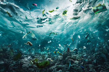 Fototapeta na wymiar Ocean pollution underwater shot of waste. Danger for sea life animals, pollution.