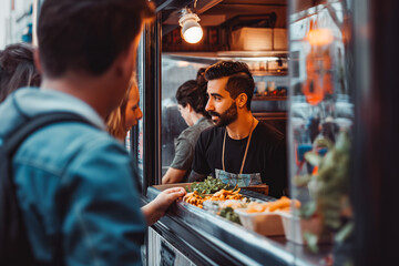 Owner looking at customers standing on street through food truck window