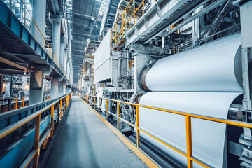 Paper production machine. Powerful modern equipment for the production of coated paper. Paper industry.