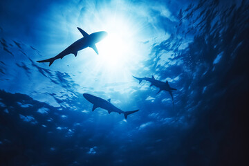 Sharks swim in the deep sea