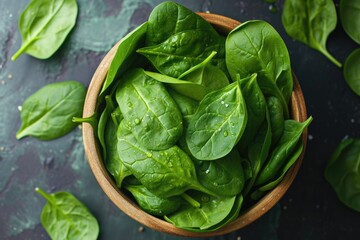 fresh spinach in a bowl on dark table background