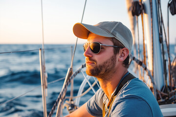 Smiling mature man sailing his yacht on a sunny day