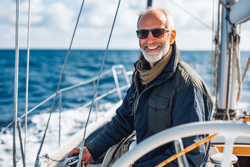 Smiling mature man sailing his yacht on a sunny day - obrazy, fototapety, plakaty