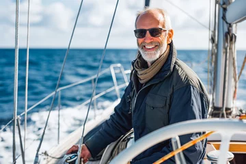 Wandaufkleber Smiling mature man sailing his yacht on a sunny day © VisualProduction
