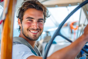 Rolgordijnen Smiling young man as helmsman on sailboat © VisualProduction
