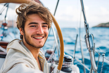 Smiling young man as helmsman on sailboat - obrazy, fototapety, plakaty