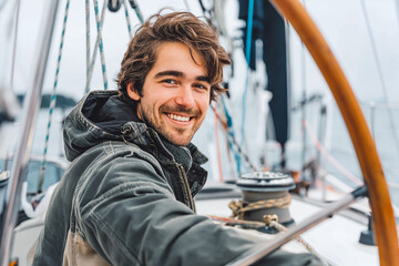 Smiling young man as helmsman on sailboat - obrazy, fototapety, plakaty