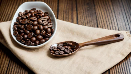 Photo sur Plexiglas Café Posés avec simplicité sur une table en bois, les grains de café authentiques sont une présentation rustique. Leur arôme enivrant éveille les sens, promettant une expérience caféinée exceptionnelle.