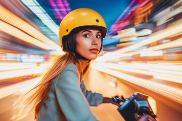 Young woman driving electric scooter in city, wearing yellow helmet. Light trails in background...