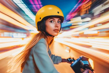 Gordijnen Young woman driving electric scooter in city, wearing yellow helmet. Light trails in background blurred © VisualProduction