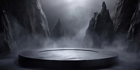 empty black concrete Podium with  dark smoke background, empty stone podium table on Dark black background, product presentation