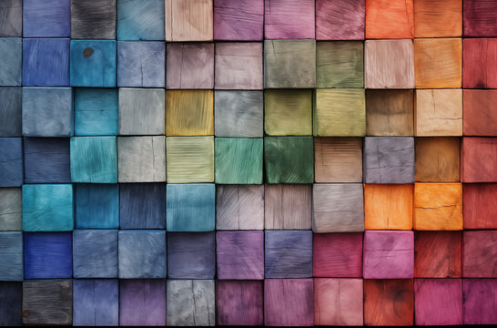 A vibrant, textured background composed of stacked wooden blocks, aged artfully, abstract architectural, wallpaper, backdrop, rustic