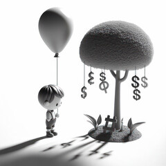Lonely Reflections: Isolated Little Figure, Balloon, and Money Tree on White Background