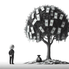 Isolated Imagination: Little Man with Hanging Balloon and Ground Money Tree Silhouette