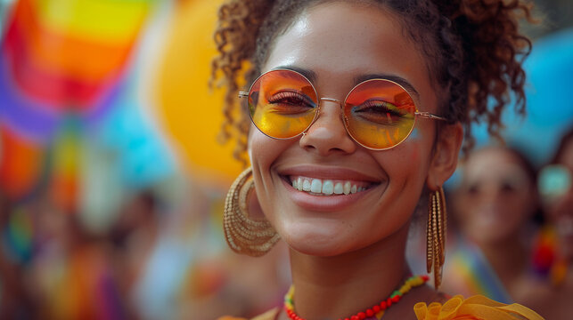 A beautiful and happy woman with LGBT colors at the LGBT parade