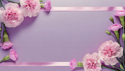 Mother's day, carnation and ribbon frame, purple background.