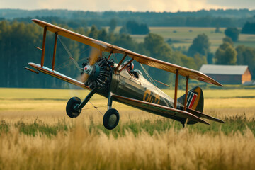 vintage biplane taking off from a grass runway. The pilot is wearing a leather helmet and goggles, and there are barns and fields in the background
