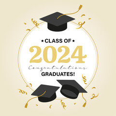 Vector illustration. Class of 2024 badge design template in black and gold colors. Congratulations graduates 2024 banner sticker card with academic hat for high school or college graduation