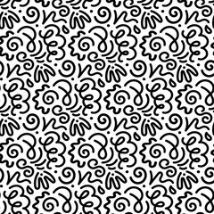 Line doodle seamless pattern. Simple hand drawn scribble art background in trendy minimalist style. Black and white vector illustration