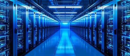 Bright blue equipment fills a big data server room, with rack servers and supercomputers.