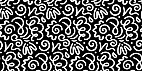 Line doodle seamless pattern. Simple hand drawn scribble art background in trendy minimalist style. Black and white vector illustration