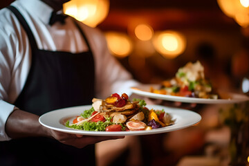 waiter carrying plates with meat and vegetables dish in restaurant , celebration event ,Restaurant serving , wedding , festive event, party ,blur background, . Close Up of food stylish - obrazy, fototapety, plakaty