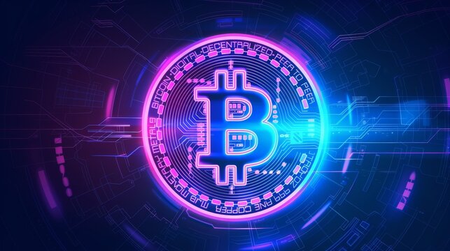 sci fi glowing bitcoin circle drawn sketch watercolor neon neon hues of blue 