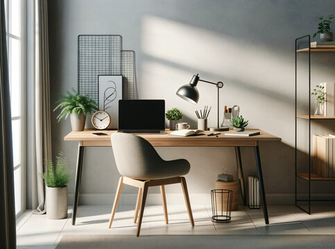 Elegant home office setup with a sleek laptop, notepad, stylish lamp, and green plants, bathed in natural light. Conveys productivity and creativity in a modern living space. Generative AI
