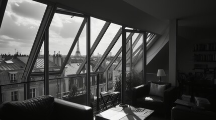 view from window, modern interior, Paris, roofs,  