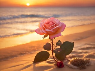 Romantic Coastal Bloom: Deep Rose Flower in Sunset Beach