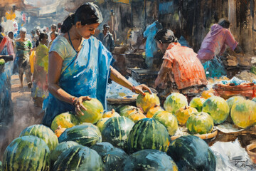 woman buying melons from a street vendor in a busy market. The vendor is wearing a blue shirt, and there are other vendors selling goods nearby