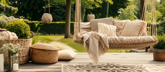 The patio has a beige swing with a pillow and wicker baskets, a rug, and a blanket on a wooden deck in the garden.