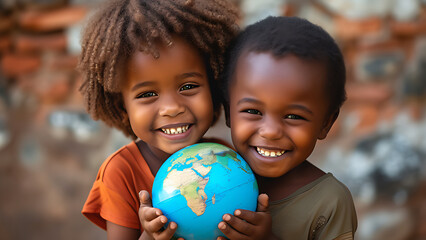 International day of peace concept with children holding earth globe, symbolizing unity. - obrazy, fototapety, plakaty