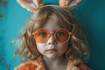 A bespectacled girl with bunny ears embraces her inner child as she dons her favorite toy-like glasses, playfully blending fantasy and reality