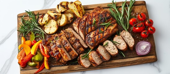 Spiced pork and veggies on a cutting board, white background.