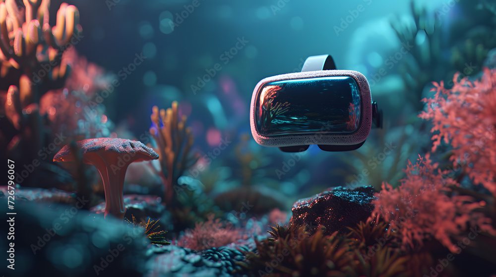 Poster a virtual reality headset being used to experience a different world. imagine putting on a headset a