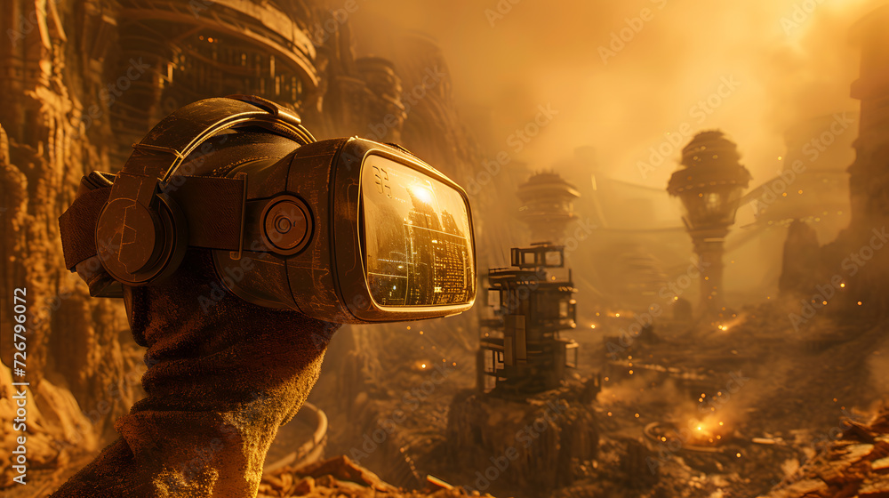 Poster a virtual reality headset being used to experience a different world. imagine putting on a headset a