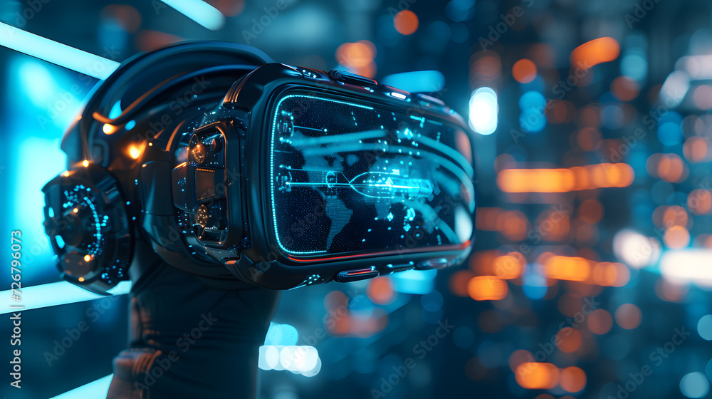 Poster a virtual reality headset being used to experience a different world. imagine putting on a headset a