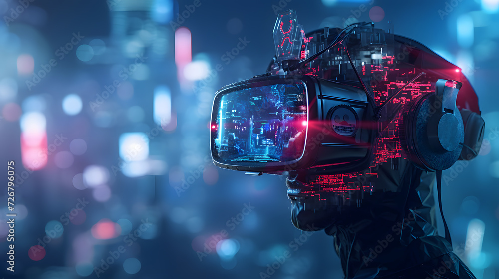 Poster a virtual reality headset being used to experience a different world. imagine putting on a headset a