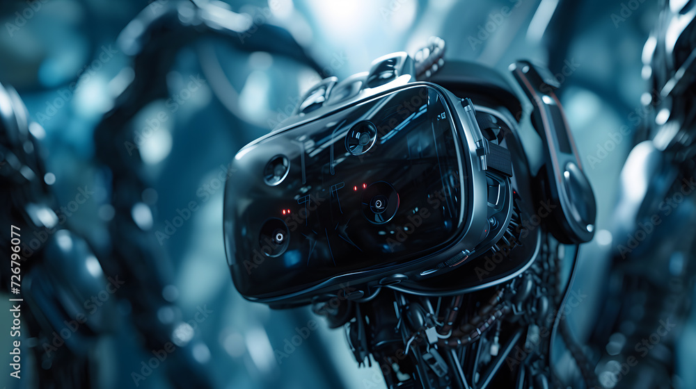 Poster a virtual reality headset being used to experience a different world. imagine putting on a headset a