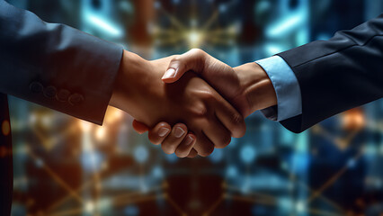 Two businessmen shaking hands to make a deal, digital AI Network.