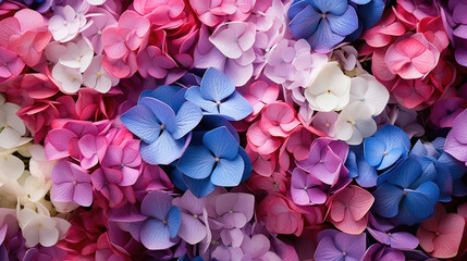 Beautiful floral background banner. Close up of hydrangeas in pink, blue, lilac