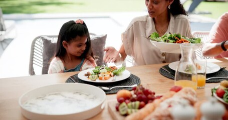 Food, disgust and child with family at lunch for no, nutrition and thanksgiving event. Vegetables, health and holiday with people serving at table of dining room at home for salad, picky and brunch
