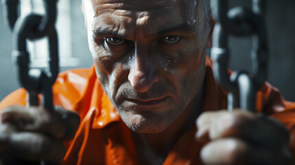 Fototapeta na wymiar Portrait face of Stressed prisoner with hands chained in prison, wearing an orange prison uniform.