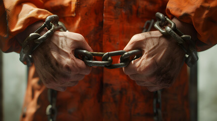 Portrait face of Stressed prisoner with hands chained in prison, wearing an orange prison uniform.