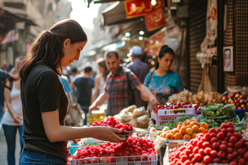 Obraz premium woman buying raspberries from a street vendor in a crowded market