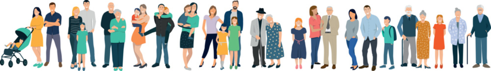 illustration vectorielle représentant un ensemble de personnages composant des familles multi générations. Enfants, parents et grand parents